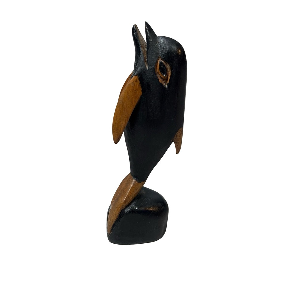 Hand Carved Wooden Dolphin Figurine 7" Black Natural Wood Coastal Decor Small